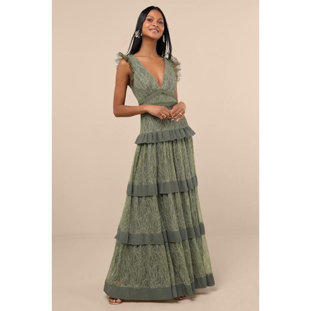Lulus Marvelous Darling Olive Lace Ruffled Tiered Maxi Dress Green - Size S